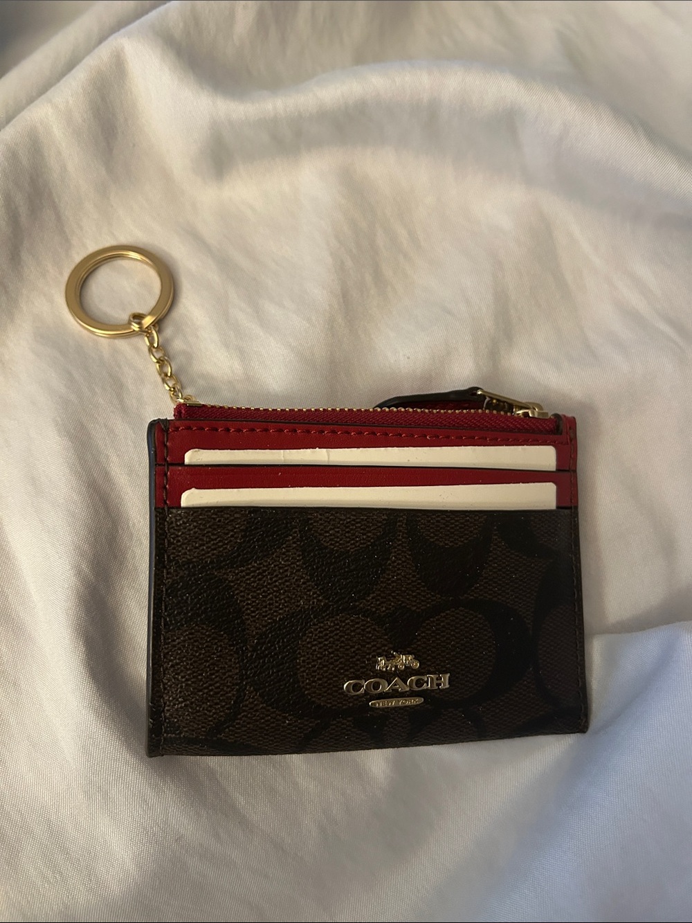 Coach Brown Signature Card Case with Red Trim & Gold Key Ring